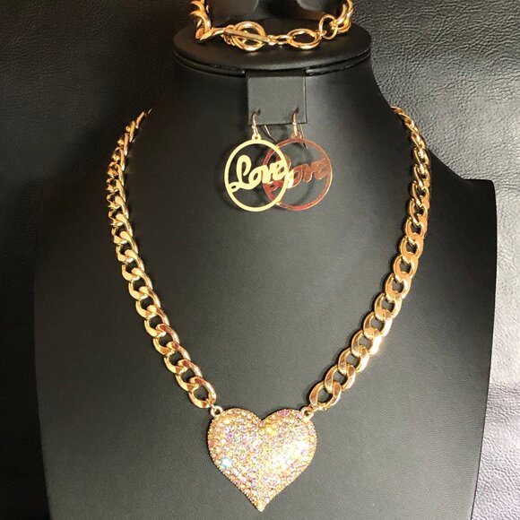 Gold AB Rhinestone Heart Necklace Cuban Link Chain Bracelet Set + 2 Earrings - Picture 1 of 13